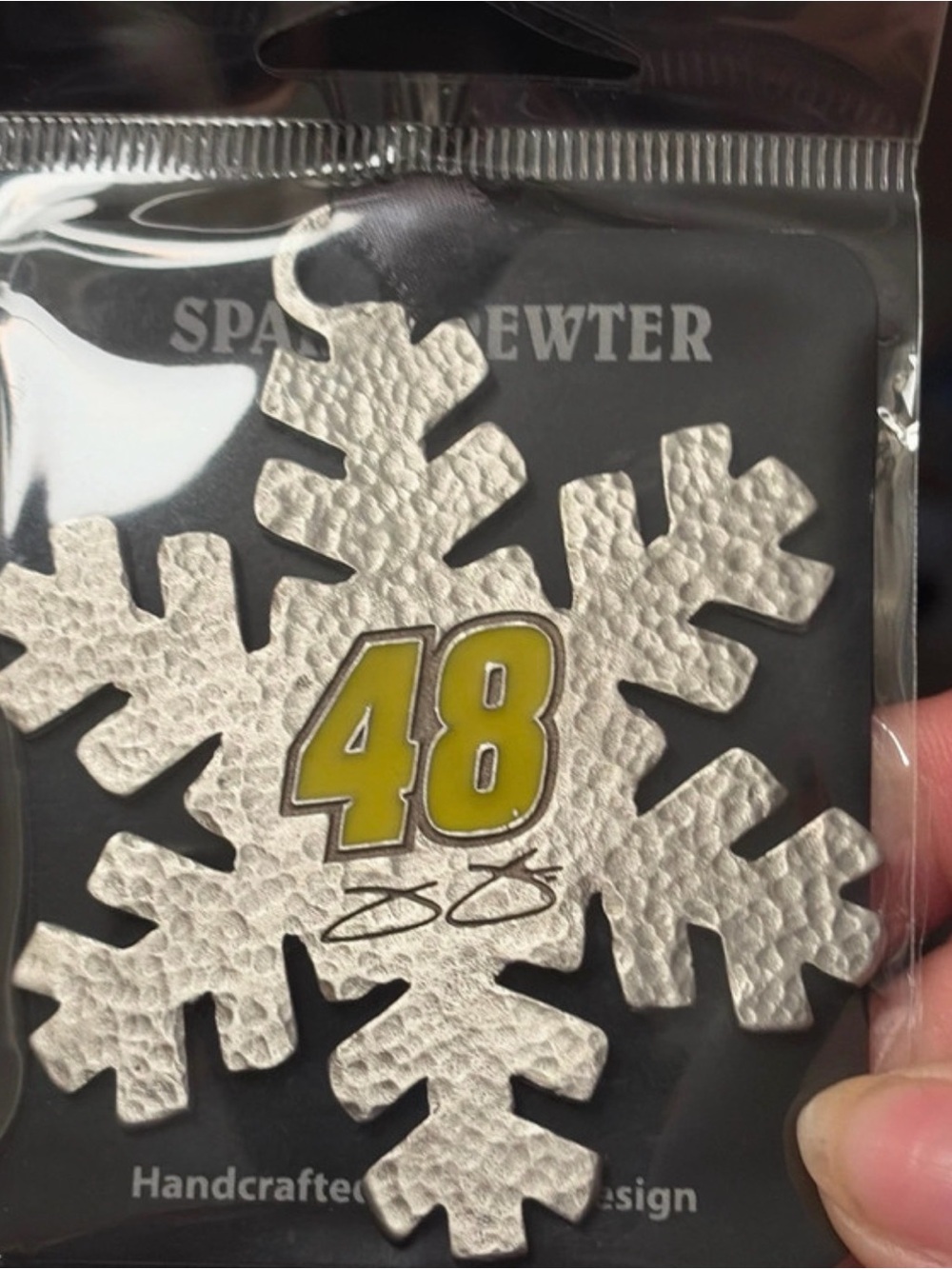 Nascar Silver Snowflake Ornament with Yellow 48 Emblem
